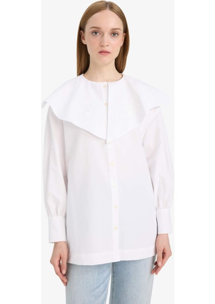 Relax Fit Geniş Yakalı Poplin Uzun Kollu Gömlek Tunik F4557AX25HS