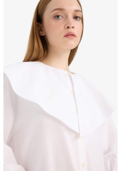 Relax Fit Geniş Yakalı Poplin Uzun Kollu Gömlek Tunik F4557AX25HS