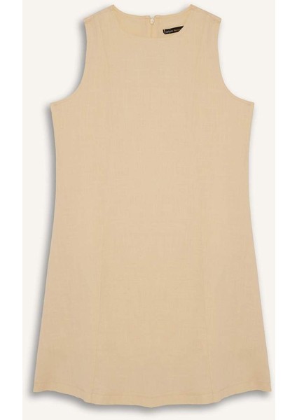 Bisiklet Yaka Keten Görünümlü Kolsuz Mini Elbise F6499AX25SM