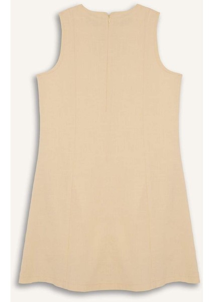 Bisiklet Yaka Keten Görünümlü Kolsuz Mini Elbise F6499AX25SM