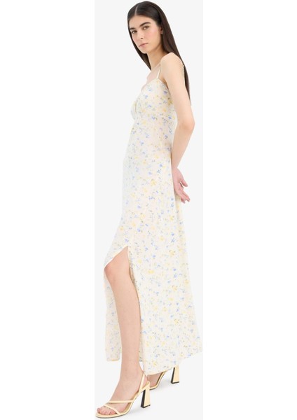 Yuvarlak Yaka Çiçekli Krinkıl Viskon Askılı Yırtmaçlı Midi Yazlık Elbise F6503AX25SM