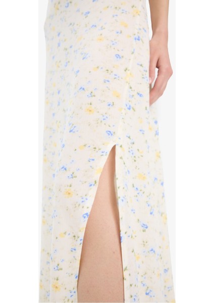 Yuvarlak Yaka Çiçekli Krinkıl Viskon Askılı Yırtmaçlı Midi Yazlık Elbise F6503AX25SM