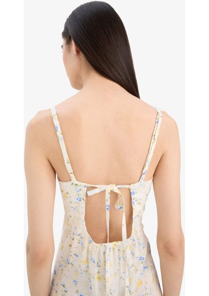 Yuvarlak Yaka Çiçekli Krinkıl Viskon Askılı Yırtmaçlı Midi Yazlık Elbise F6503AX25SM