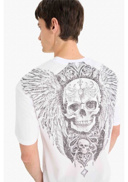 %100 Pamuk Boxy Fit Bisiklet Yaka Sırt Baskılı Kısa Kollu Tişört F5764AX25SM