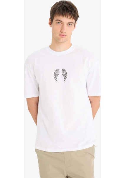 %100 Pamuk Boxy Fit Bisiklet Yaka Sırt Baskılı Kısa Kollu Tişört F5764AX25SM