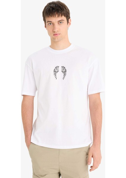 %100 Pamuk Boxy Fit Bisiklet Yaka Sırt Baskılı Kısa Kollu Tişört F5764AX25SM