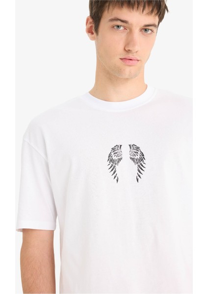 %100 Pamuk Boxy Fit Bisiklet Yaka Sırt Baskılı Kısa Kollu Tişört F5764AX25SM