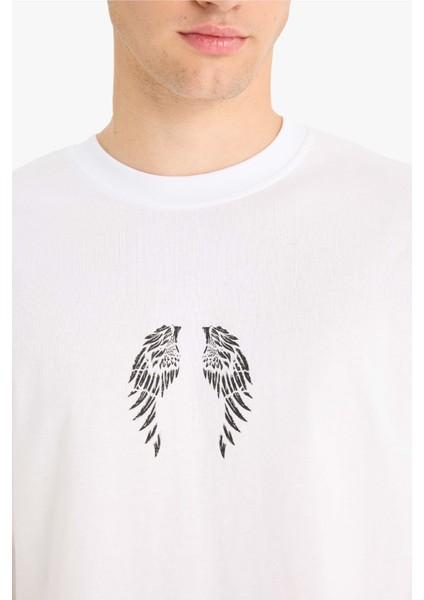 %100 Pamuk Boxy Fit Bisiklet Yaka Sırt Baskılı Kısa Kollu Tişört F5764AX25SM