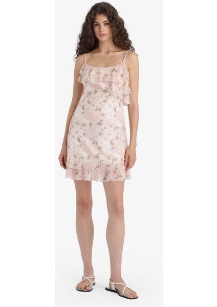 Fırfırlı Yaka Çiçek Desenli Tül Askılı Mini Elbise F6148AX25HS