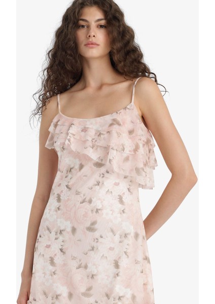 Fırfırlı Yaka Çiçek Desenli Tül Askılı Mini Elbise F6148AX25HS