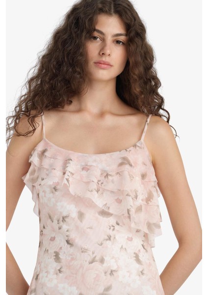 Fırfırlı Yaka Çiçek Desenli Tül Askılı Mini Elbise F6148AX25HS