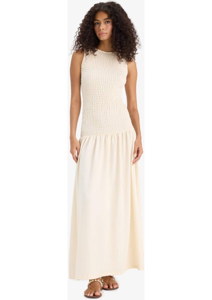 Bisiklet Yaka Bürümcük Kolsuz Maxi Elbise F7113AX25SM