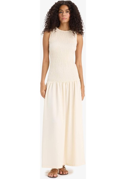 Bisiklet Yaka Bürümcük Kolsuz Maxi Elbise F7113AX25SM