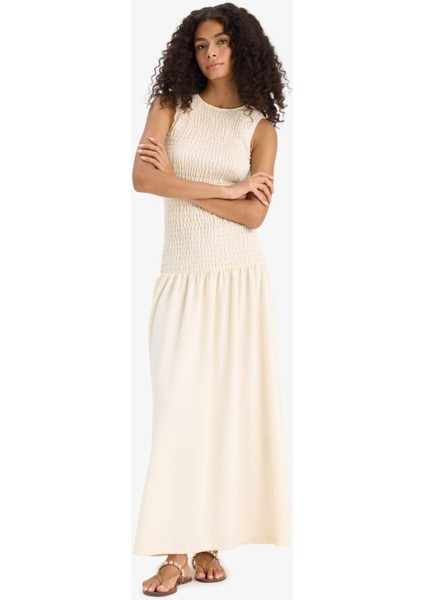 Bisiklet Yaka Bürümcük Kolsuz Maxi Elbise F7113AX25SM