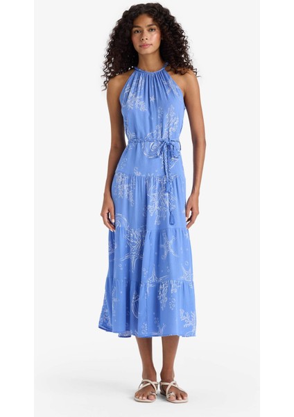 Halter Yaka Desenli Bağcıklı Krinkıl Viskon Kolsuz Midi Elbise F7065AX25SM