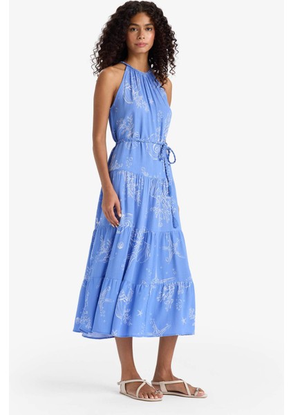 Halter Yaka Desenli Bağcıklı Krinkıl Viskon Kolsuz Midi Elbise F7065AX25SM