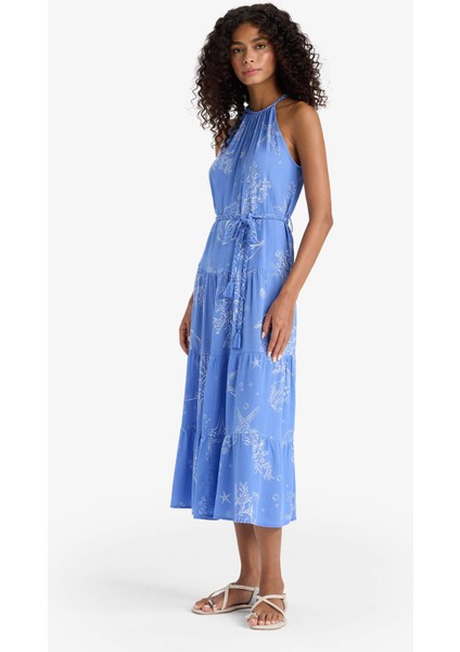 Halter Yaka Desenli Bağcıklı Krinkıl Viskon Kolsuz Midi Elbise F7065AX25SM