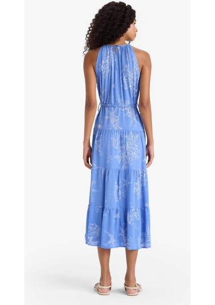 Halter Yaka Desenli Bağcıklı Krinkıl Viskon Kolsuz Midi Elbise F7065AX25SM