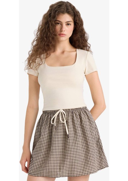 A Kesim Kareli Normal Bel Gofre Dokulu Mini Etek F7155AX25SM