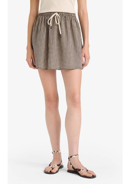 A Kesim Kareli Normal Bel Gofre Dokulu Mini Etek F7155AX25SM