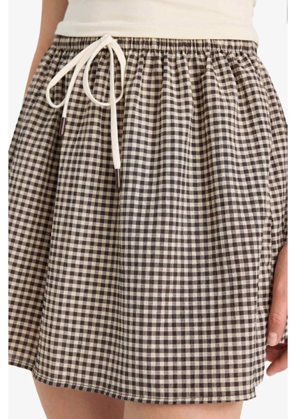 A Kesim Kareli Normal Bel Gofre Dokulu Mini Etek F7155AX25SM