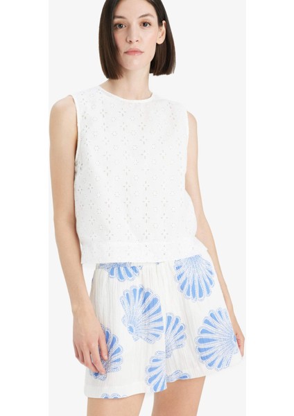 Regular Fit Bisiklet Yaka Brode Kolsuz Bluz F6316AX25SM