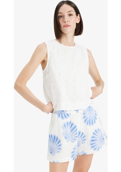 Regular Fit Bisiklet Yaka Brode Kolsuz Bluz F6316AX25SM