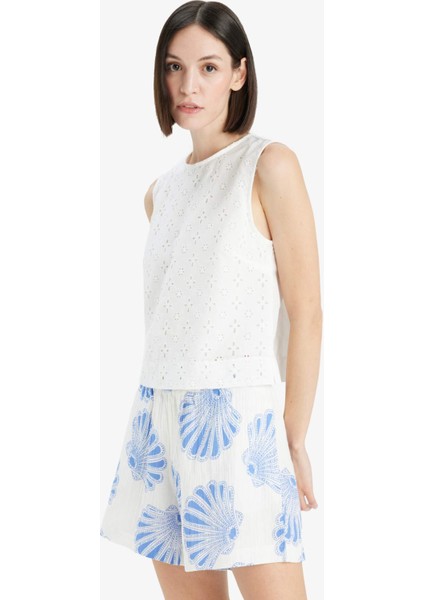 Regular Fit Bisiklet Yaka Brode Kolsuz Bluz F6316AX25SM