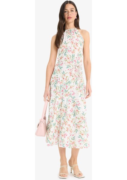 Halter Yaka Çiçekli Maroken Kolsuz Midi Elbise F7114AX25SM