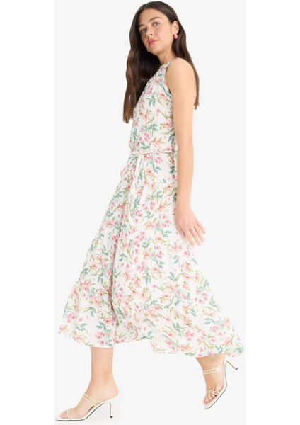 Halter Yaka Çiçekli Maroken Kolsuz Midi Elbise F7114AX25SM