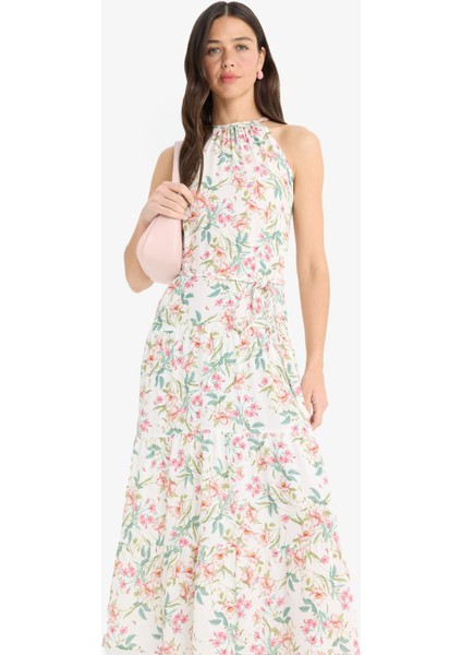 Halter Yaka Çiçekli Maroken Kolsuz Midi Elbise F7114AX25SM