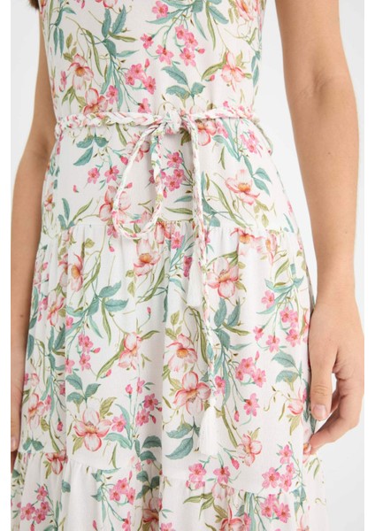 Halter Yaka Çiçekli Maroken Kolsuz Midi Elbise F7114AX25SM