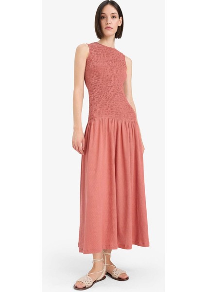 Bisiklet Yaka Bürümcük Kolsuz Midi Elbise F7072AX25SM