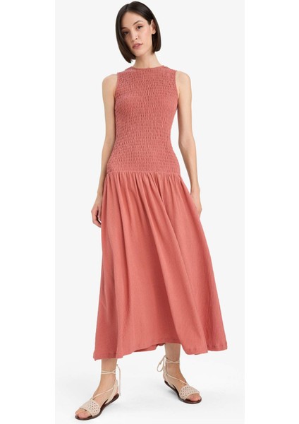 Bisiklet Yaka Bürümcük Kolsuz Midi Elbise F7072AX25SM