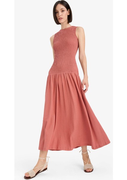 Bisiklet Yaka Bürümcük Kolsuz Midi Elbise F7072AX25SM