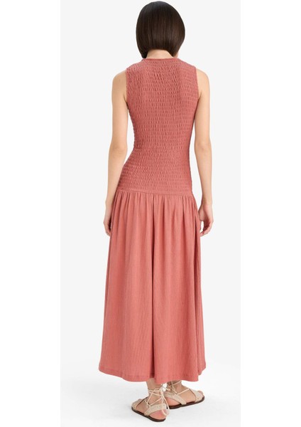 Bisiklet Yaka Bürümcük Kolsuz Midi Elbise F7072AX25SM