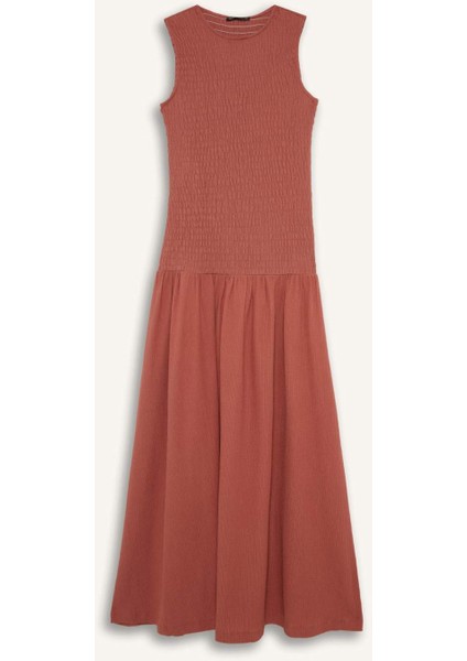 Bisiklet Yaka Bürümcük Kolsuz Midi Elbise F7072AX25SM