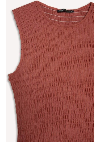 Bisiklet Yaka Bürümcük Kolsuz Midi Elbise F7072AX25SM