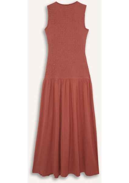 Bisiklet Yaka Bürümcük Kolsuz Midi Elbise F7072AX25SM