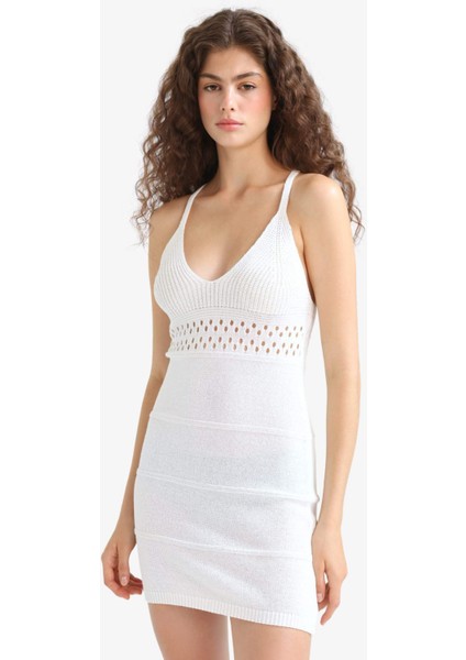 Slim Fit Dar Kesim V Yaka Kroşe Askılı Triko Elbise F7094AX25SM