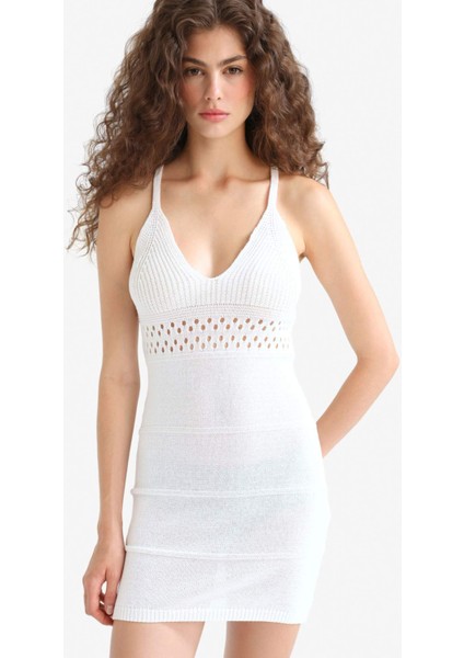 Slim Fit Dar Kesim V Yaka Kroşe Askılı Triko Elbise F7094AX25SM