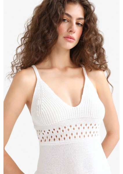 Slim Fit Dar Kesim V Yaka Kroşe Askılı Triko Elbise F7094AX25SM