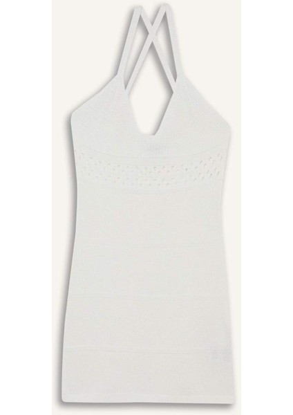 Slim Fit Dar Kesim V Yaka Kroşe Askılı Triko Elbise F7094AX25SM