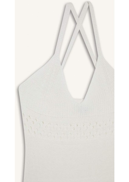 Slim Fit Dar Kesim V Yaka Kroşe Askılı Triko Elbise F7094AX25SM