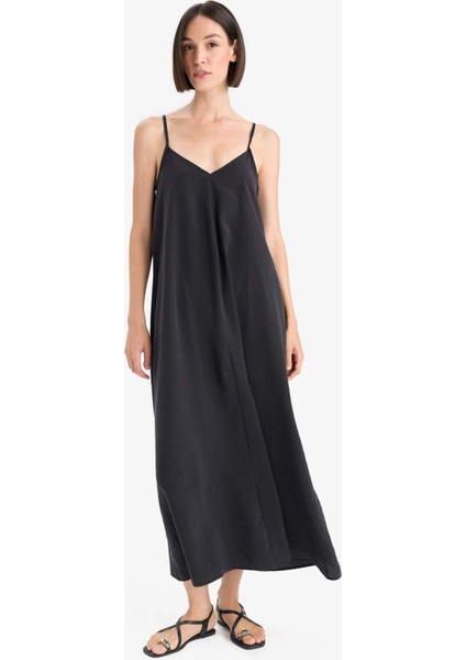 V Yaka Modal Askılı Midi Elbise F6466AX25SM