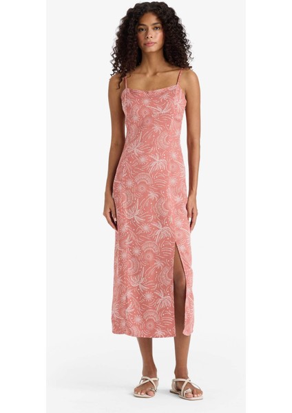 Kare Yaka Desenli Yırtmaçlı Keten Karışımlı Askılı Midi Elbise F7150AX25SM