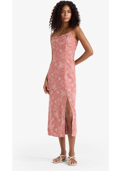 Kare Yaka Desenli Yırtmaçlı Keten Karışımlı Askılı Midi Elbise F7150AX25SM