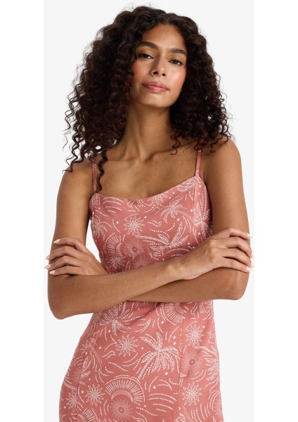 Kare Yaka Desenli Yırtmaçlı Keten Karışımlı Askılı Midi Elbise F7150AX25SM