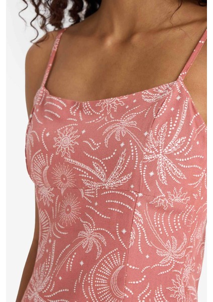 Kare Yaka Desenli Yırtmaçlı Keten Karışımlı Askılı Midi Elbise F7150AX25SM