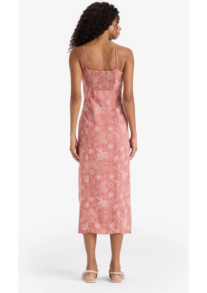 Kare Yaka Desenli Yırtmaçlı Keten Karışımlı Askılı Midi Elbise F7150AX25SM